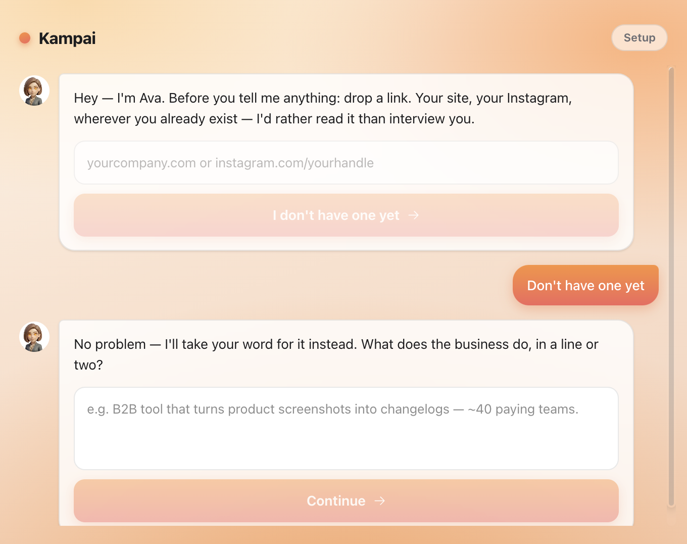 Kampai onboarding: chatting with your Chief of Staff while the picture of your company builds live